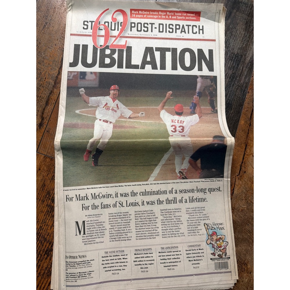 1998 St Louis Post-Dispatch Mark McGwire 62nd Home Run Newspaper Cardinals